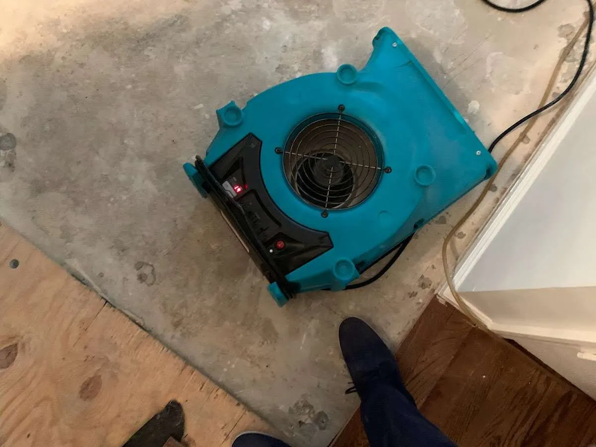 Air mover drying subfloor during Leak Detection & Repair in Royalton